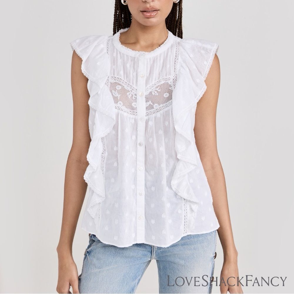 LoveShackFancy * NWT*Charlsie Sleeveless Embroidered Lace Flutter Top True White